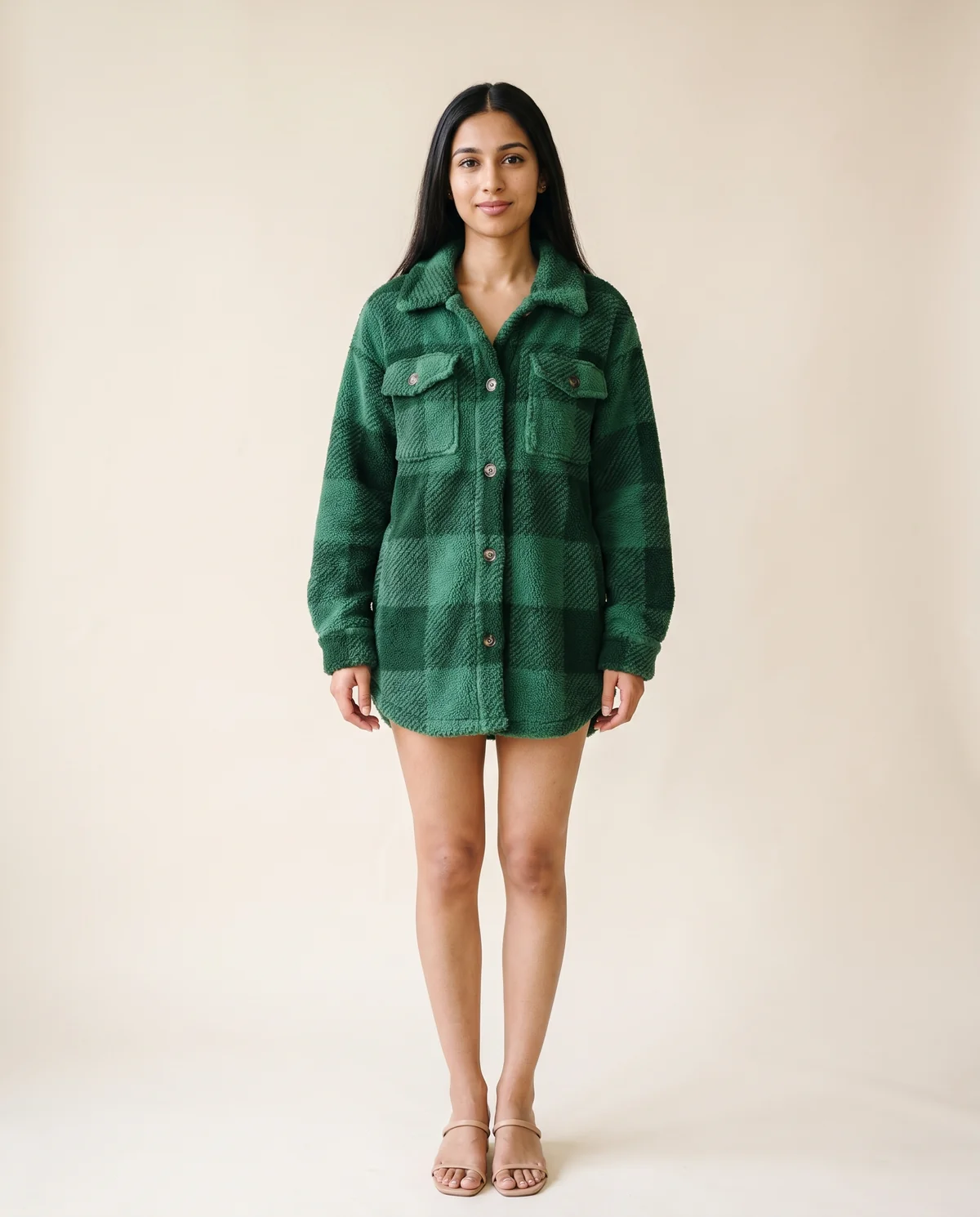 Faux Teddy Check Shacket in Green, front view, worn by Priya