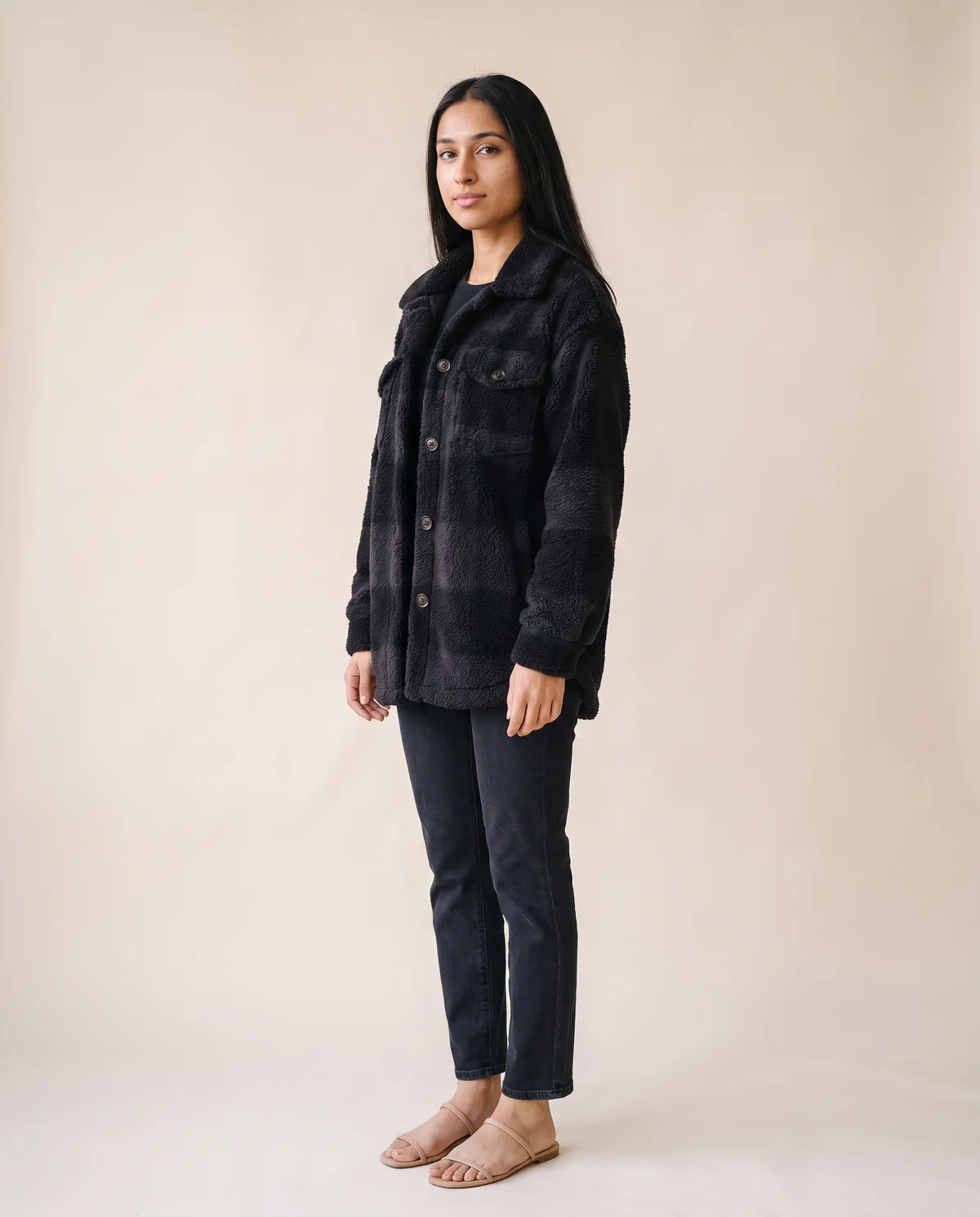 Faux Teddy Check Shacket in Black, side view, worn by Priya