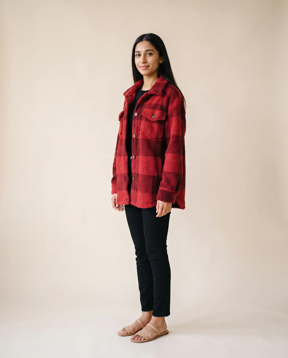 Faux Teddy Check Shacket in Red, side view, worn by Priya