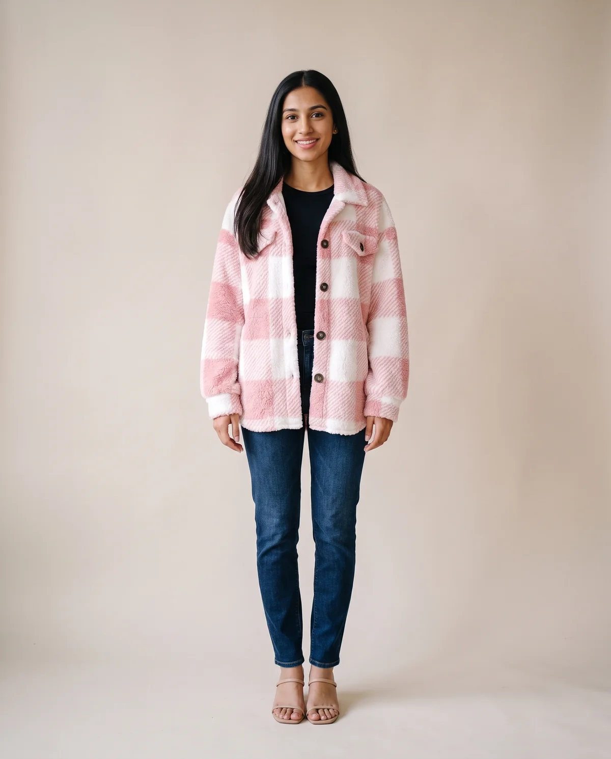 Faux Teddy Check Shacket in Pink, front view, worn by Priya
