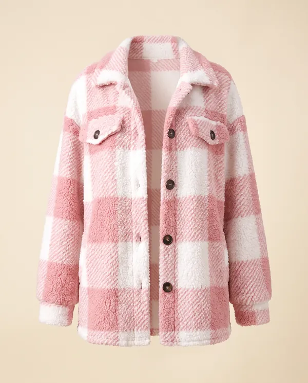 Faux Teddy Check Shacket in Pink, product shot on a plain background