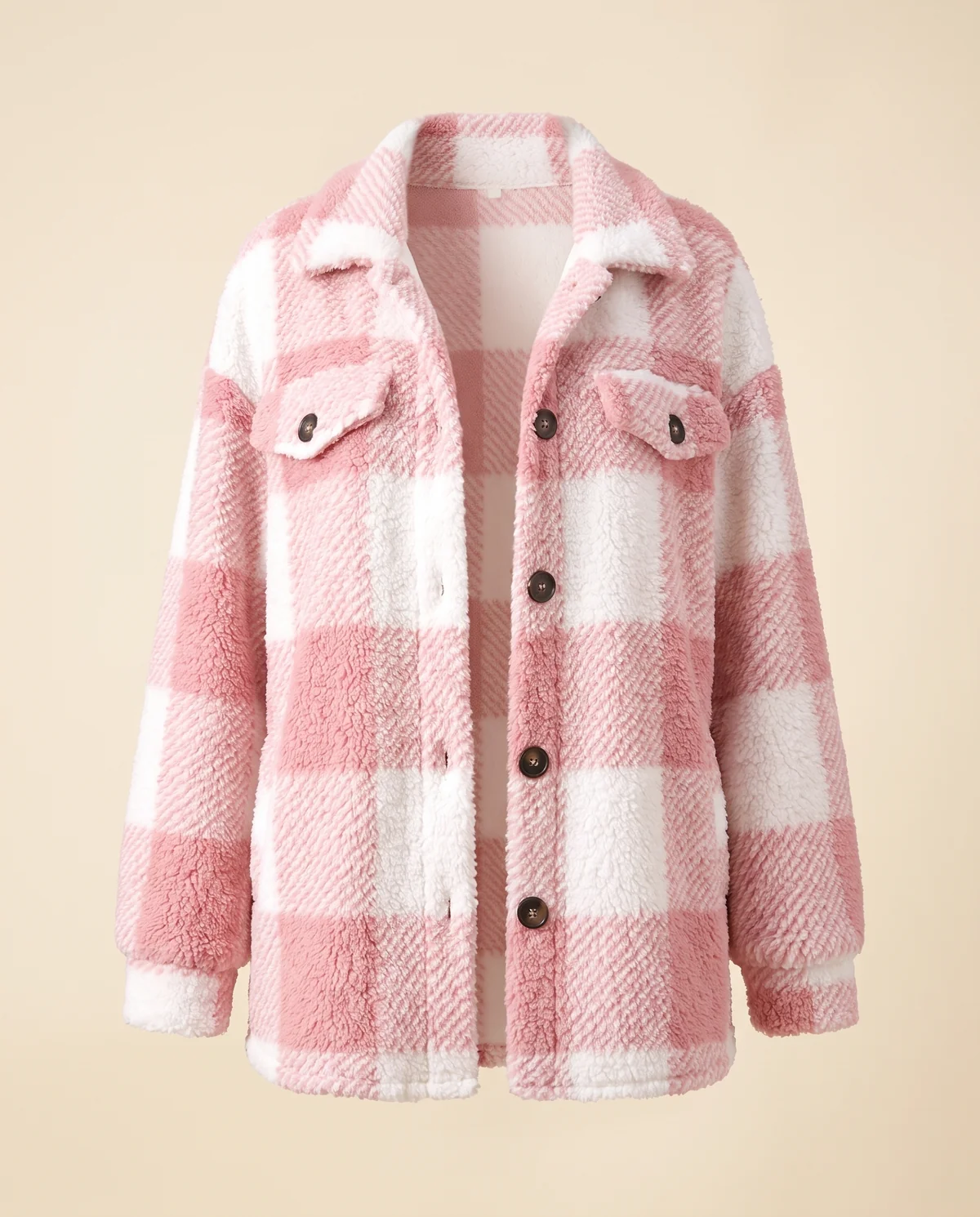 Faux Teddy Check Shacket in Pink, product shot on a plain background