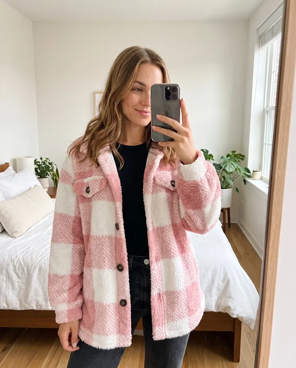 Satin Eve styling: Faux Teddy Check Shacket