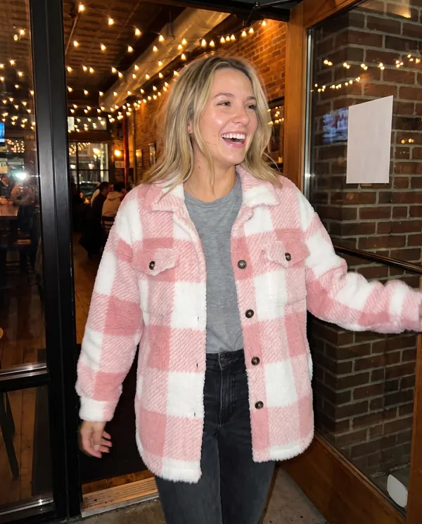 Satin Eve styling: Faux Teddy Check Shacket