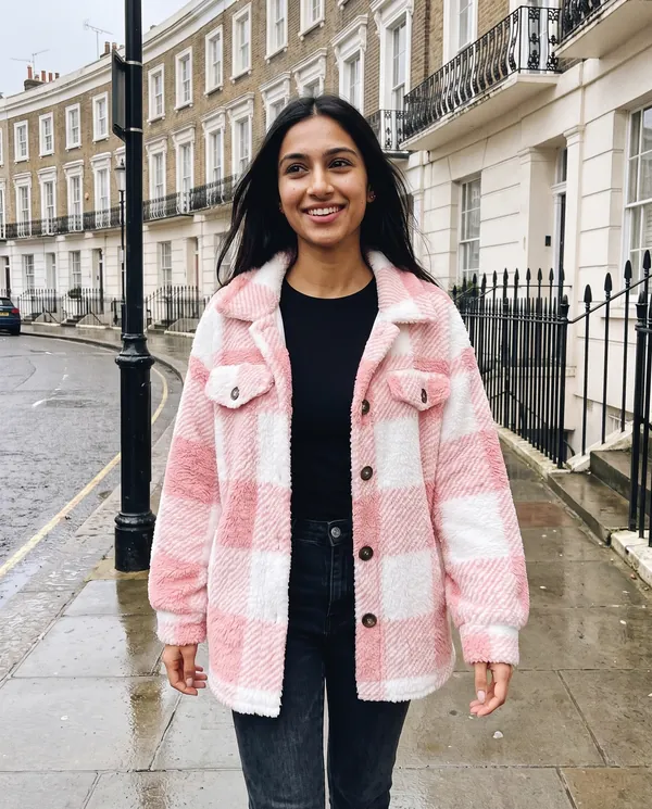 Satin Eve styling: Faux Teddy Check Shacket