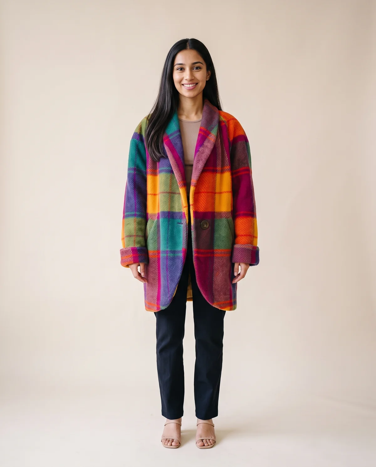 Bold Check Wool-Look Coat in Multi Check, front view, worn by Priya