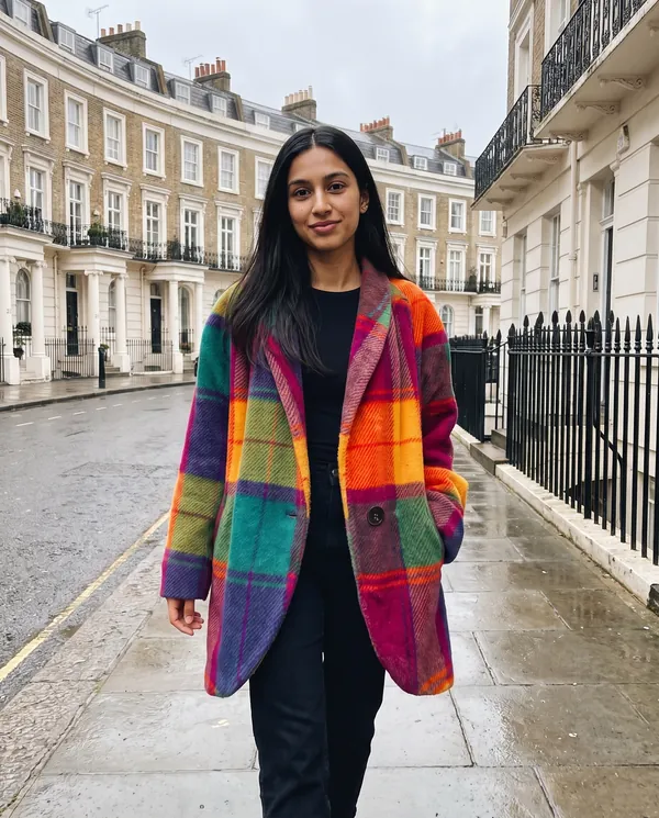 Satin Eve styling: Bold Check Wool-Look Coat