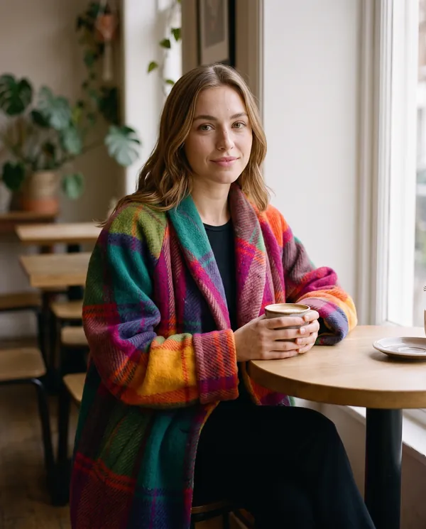Satin Eve styling: Bold Check Wool-Look Coat