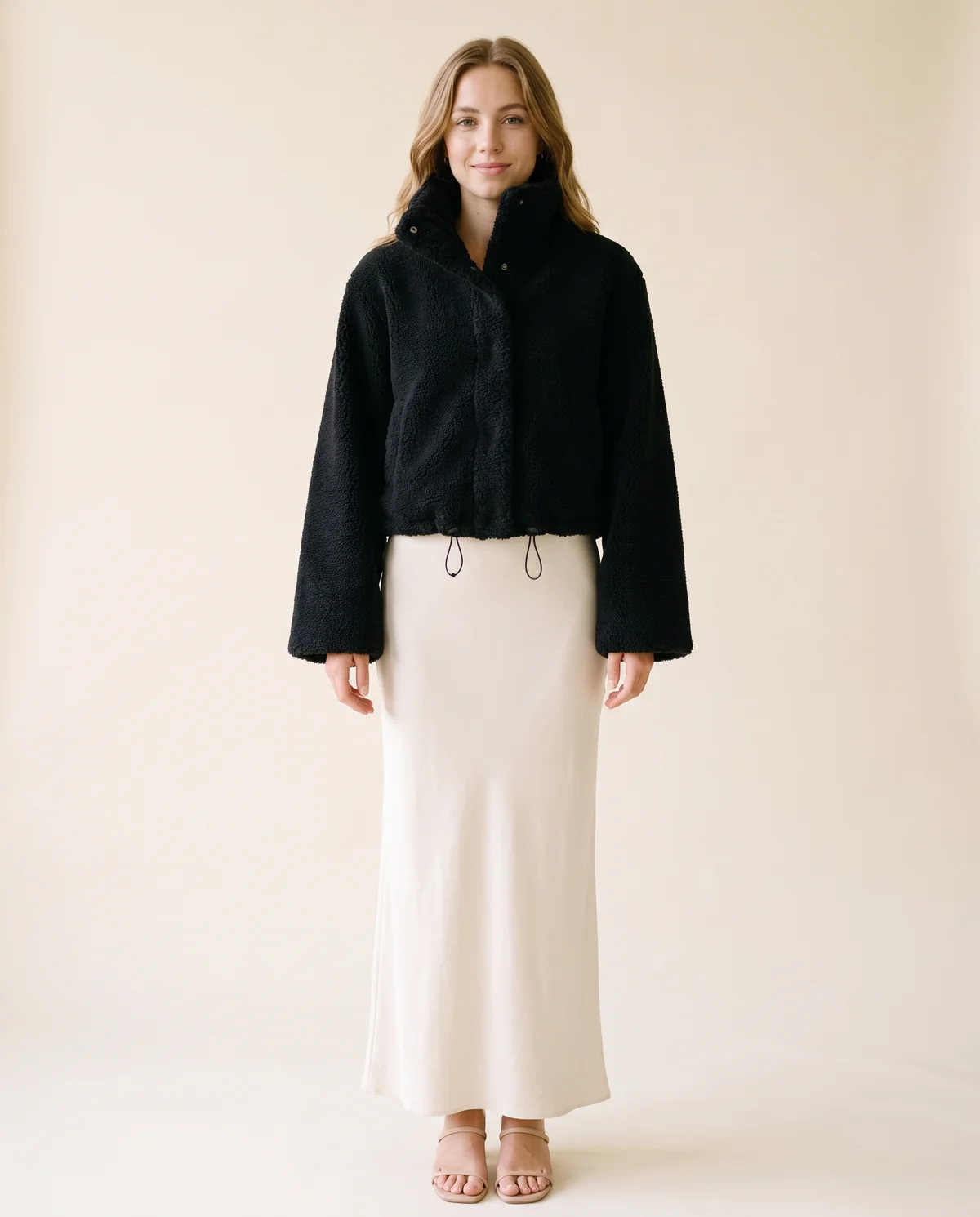 Faux Teddy Cropped Stand-Collar Jacket in Black, front view, worn by Ava