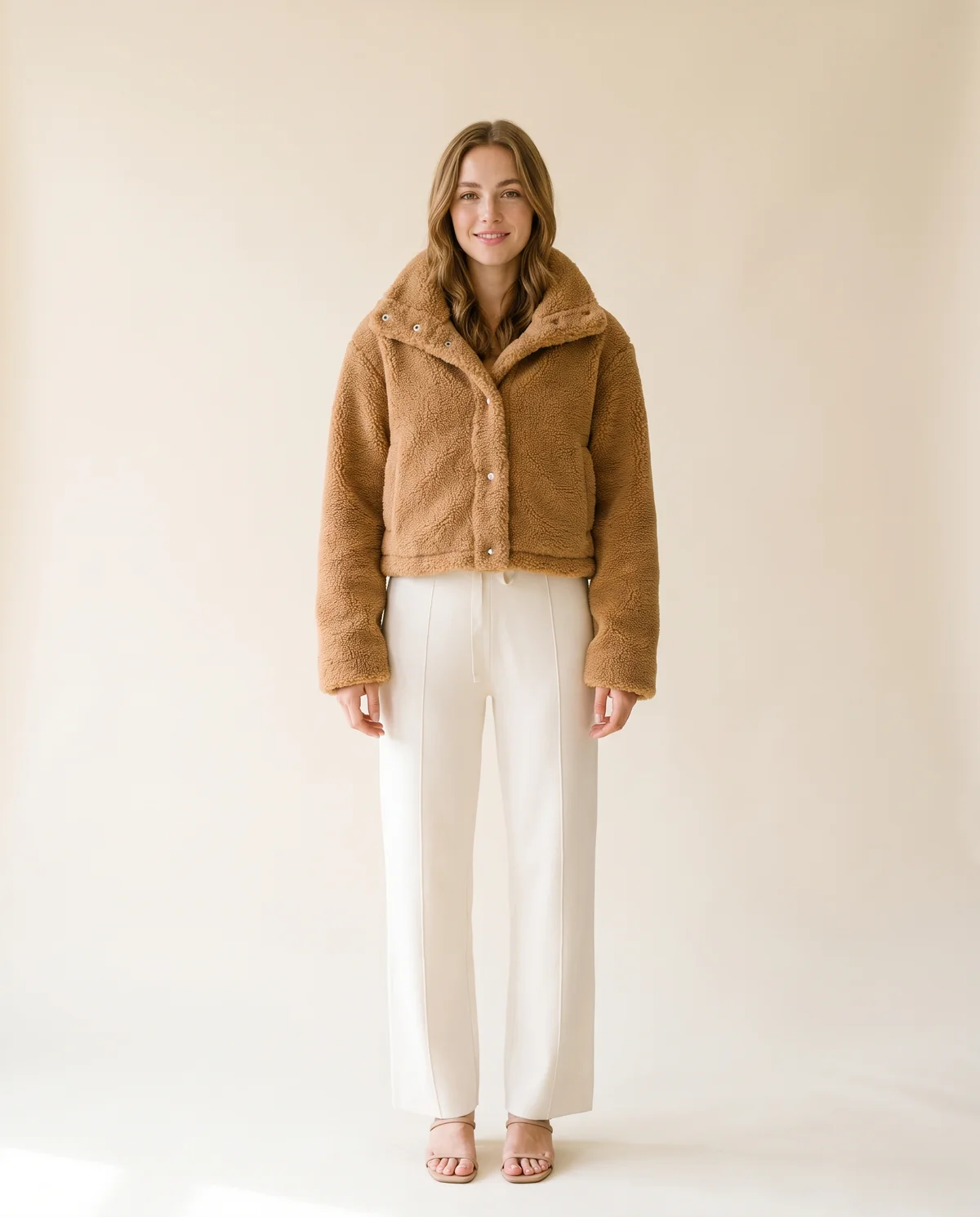 Faux Teddy Cropped Stand-Collar Jacket in Camel, front view, worn by Ava