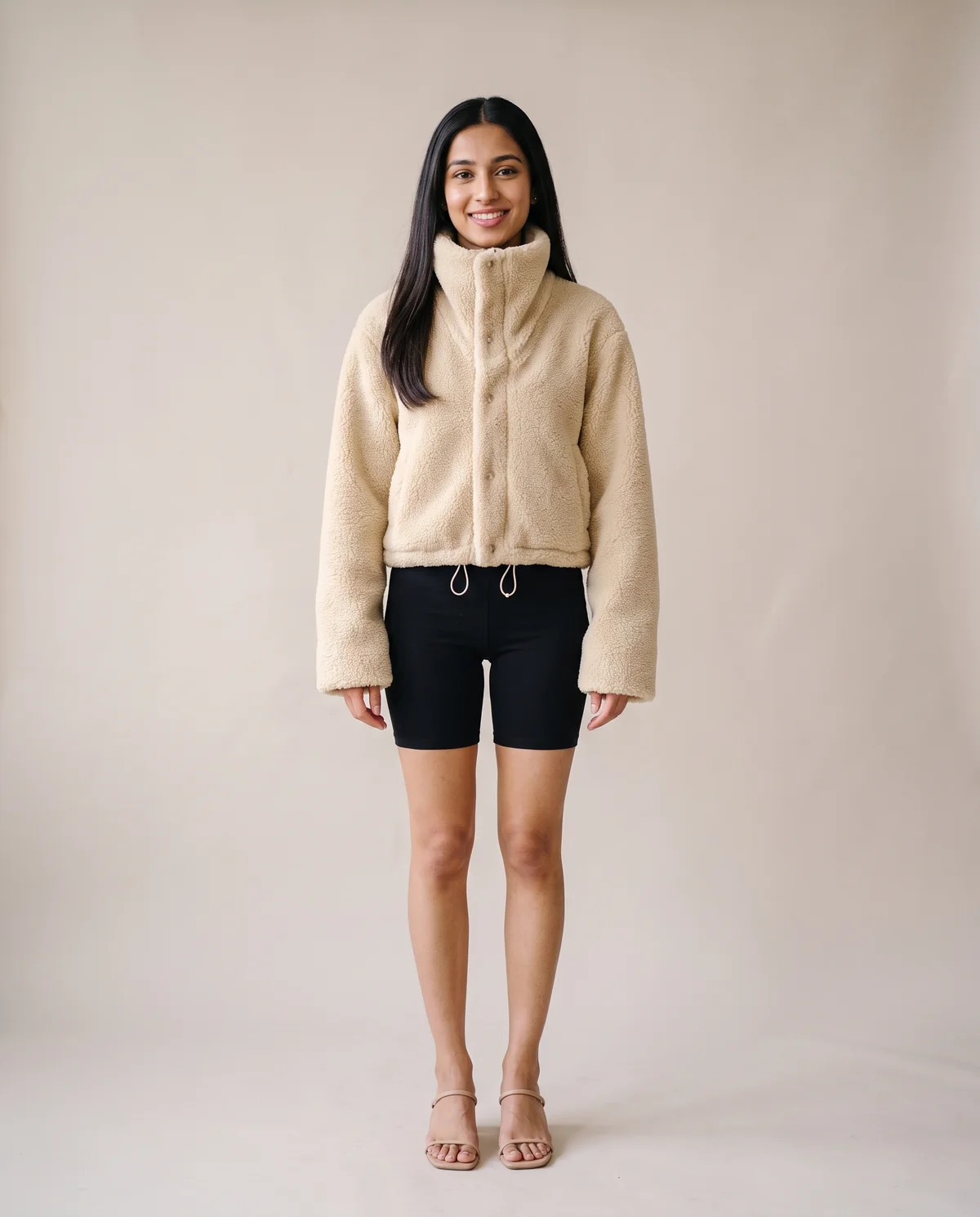 Faux Teddy Cropped Stand-Collar Jacket in Cream, front view, worn by Priya