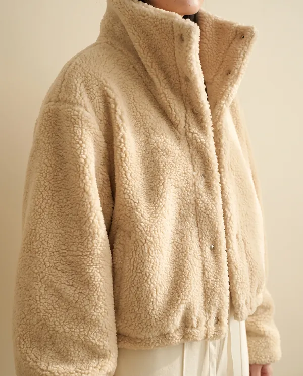 Faux Teddy Cropped Stand-Collar Jacket in Cream, close-up of the detail