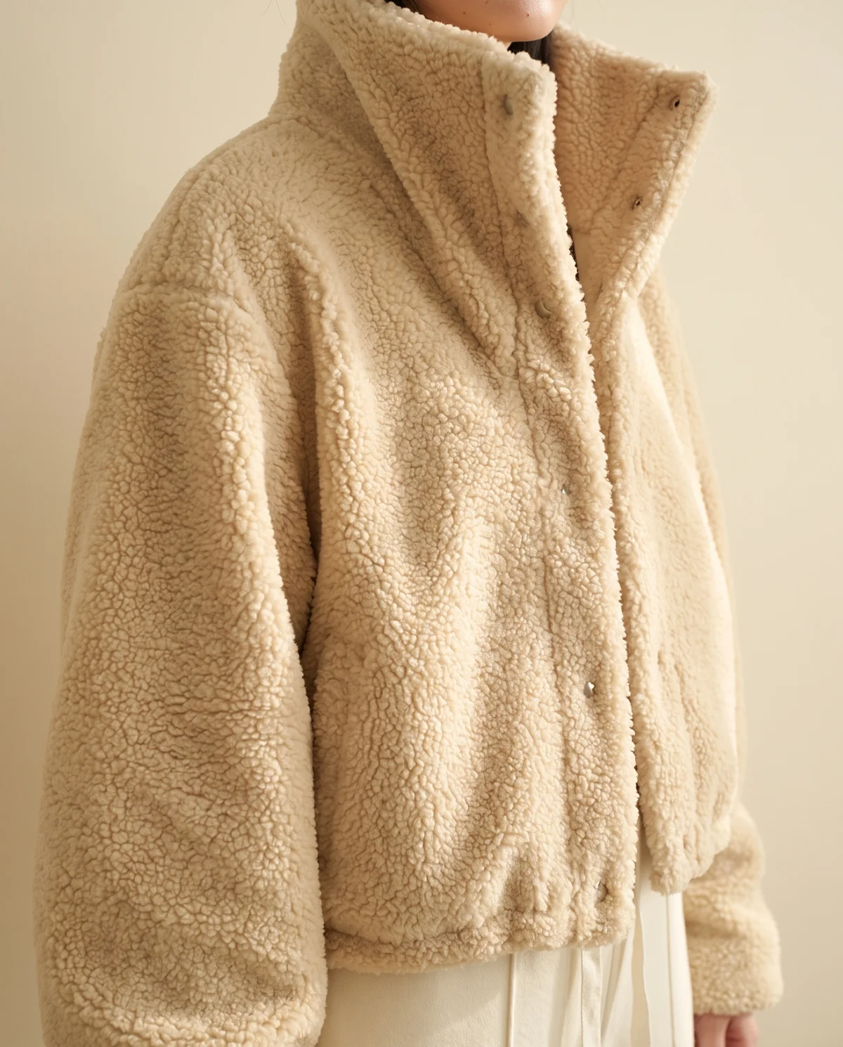 Faux Teddy Cropped Stand-Collar Jacket in Cream, close-up of the detail