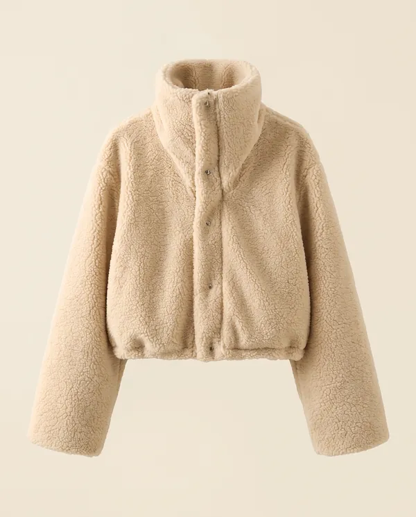 Faux Teddy Cropped Stand-Collar Jacket in Cream, product shot on a plain background