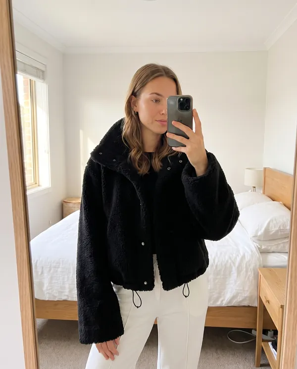 Satin Eve styling: Faux Teddy Cropped Stand-Collar Jacket