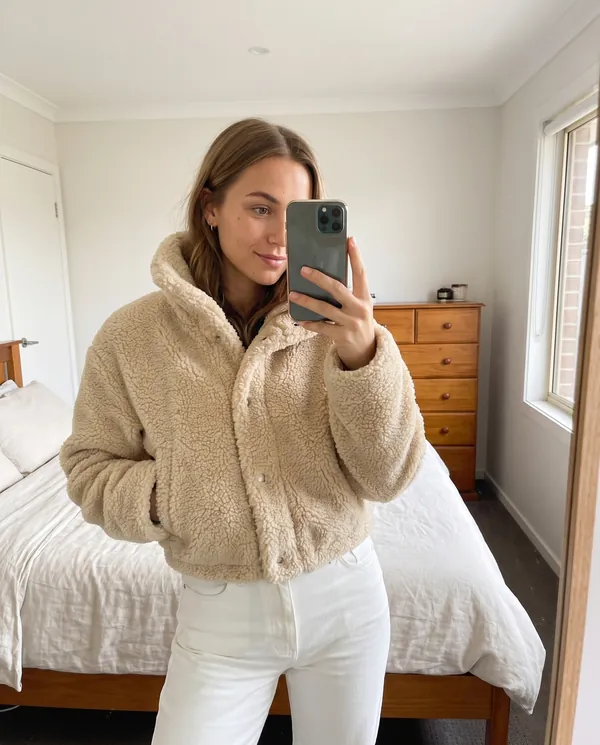 Satin Eve styling: Faux Teddy Cropped Stand-Collar Jacket