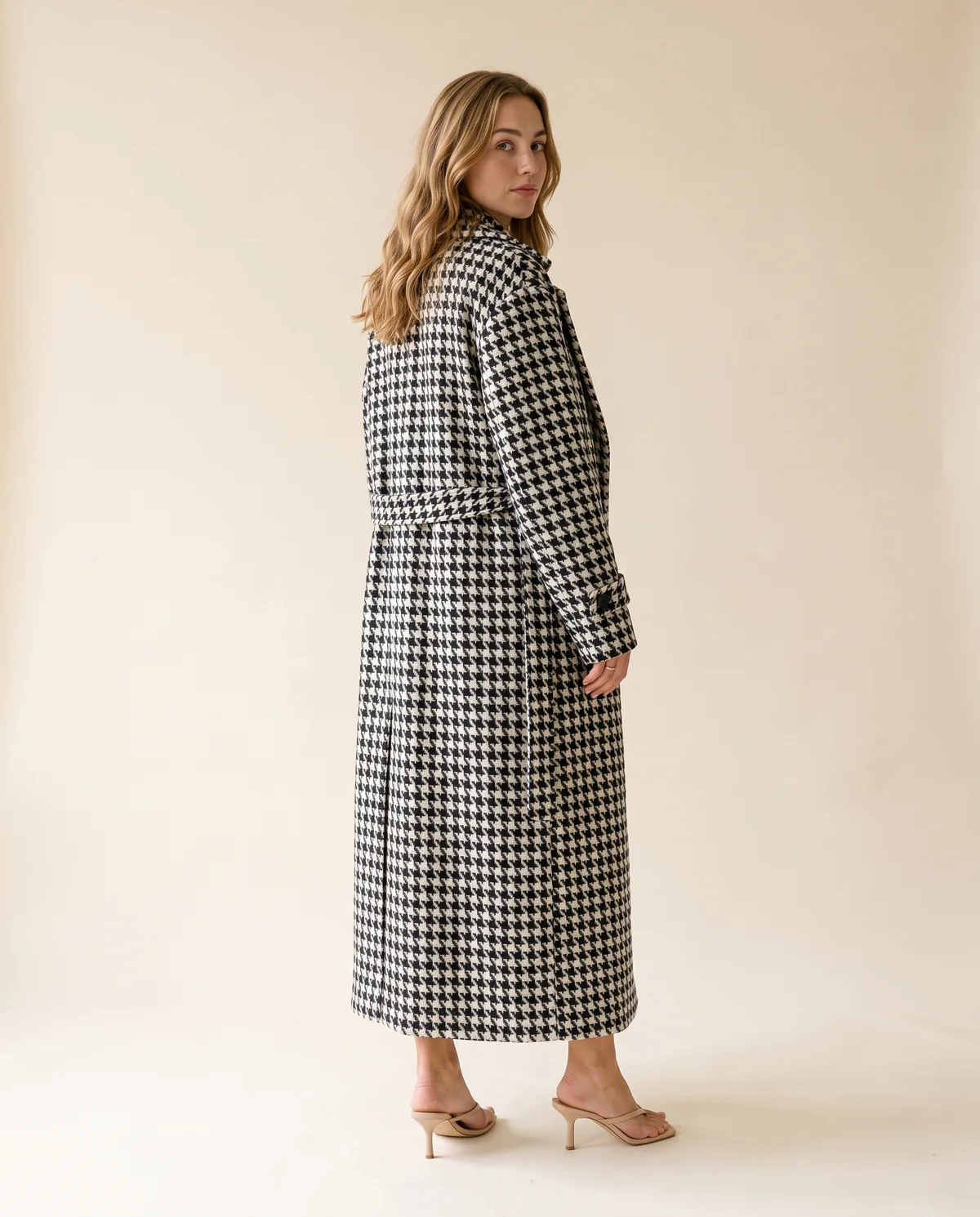 Long Houndstooth Wool-Look Coat in Black and White, back view, worn by Ava