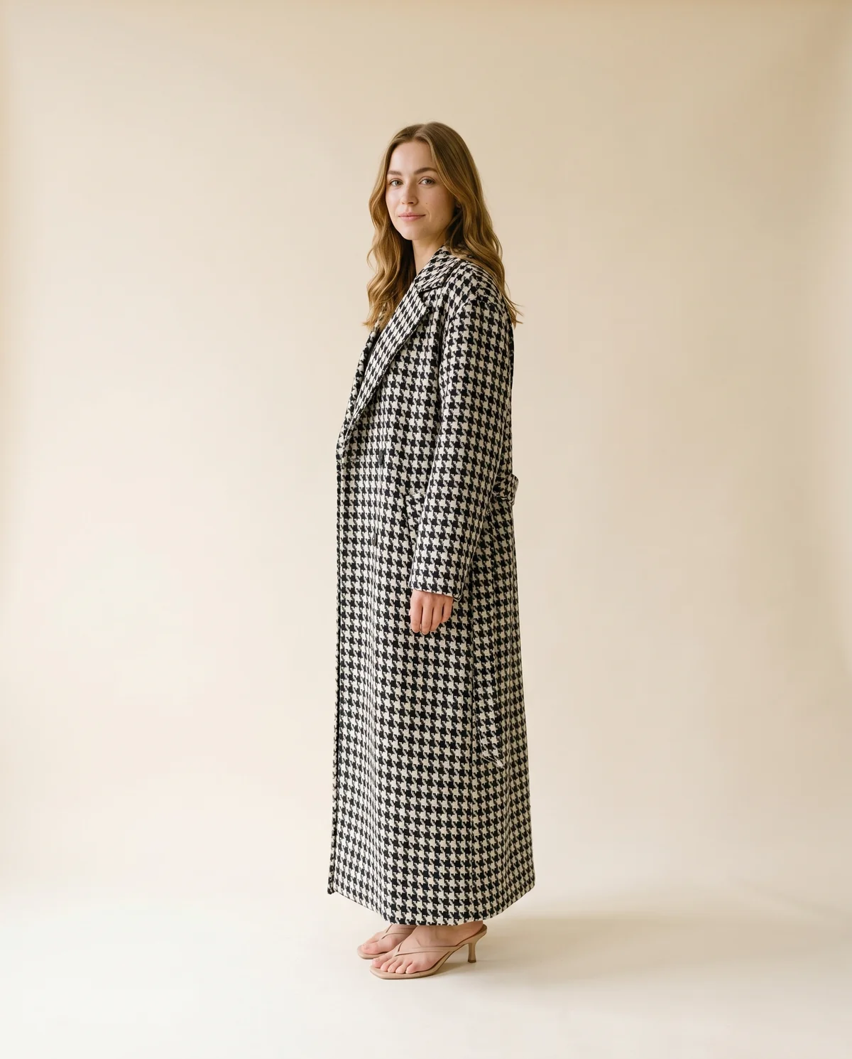 Long Houndstooth Wool-Look Coat in Black and White, side view, worn by Ava