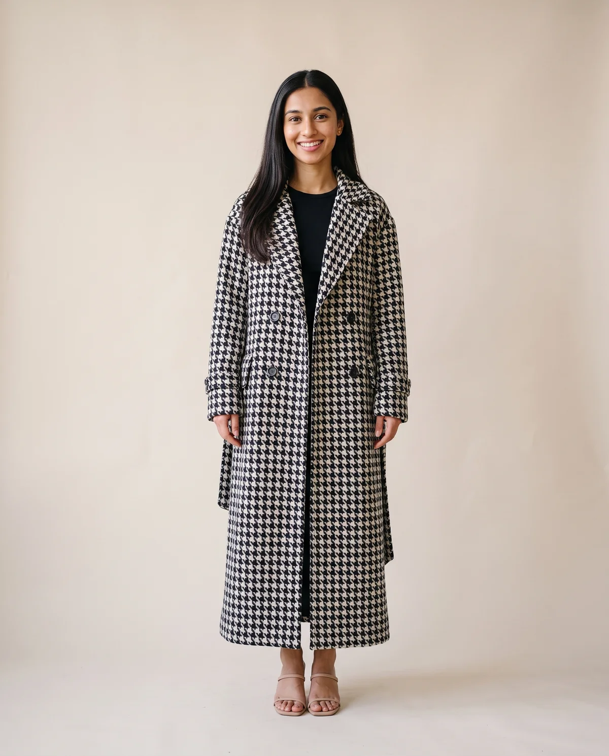 Long Houndstooth Wool-Look Coat in Black and White, front view, worn by Priya