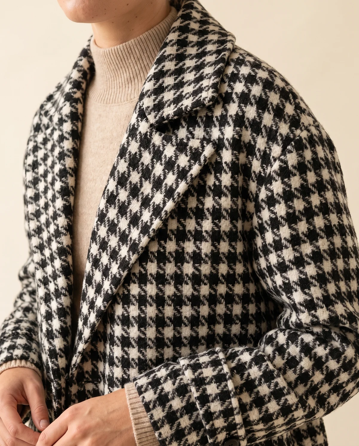 Long Houndstooth Wool-Look Coat in Black and White, close-up of the detail