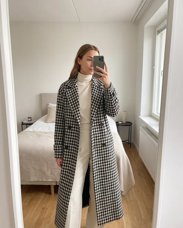 Satin Eve styling: Long Houndstooth Wool-Look Coat