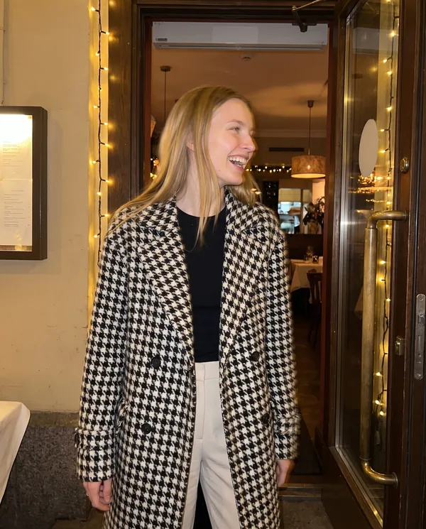 Satin Eve styling: Long Houndstooth Wool-Look Coat