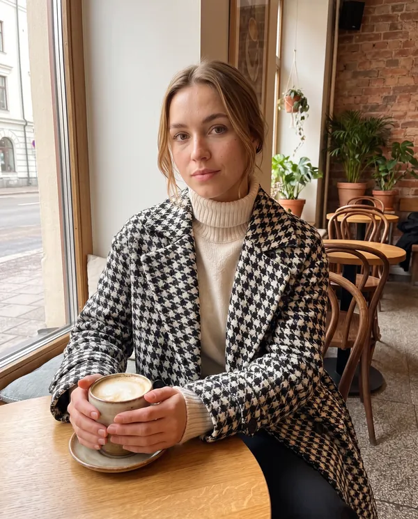 Satin Eve styling: Long Houndstooth Wool-Look Coat