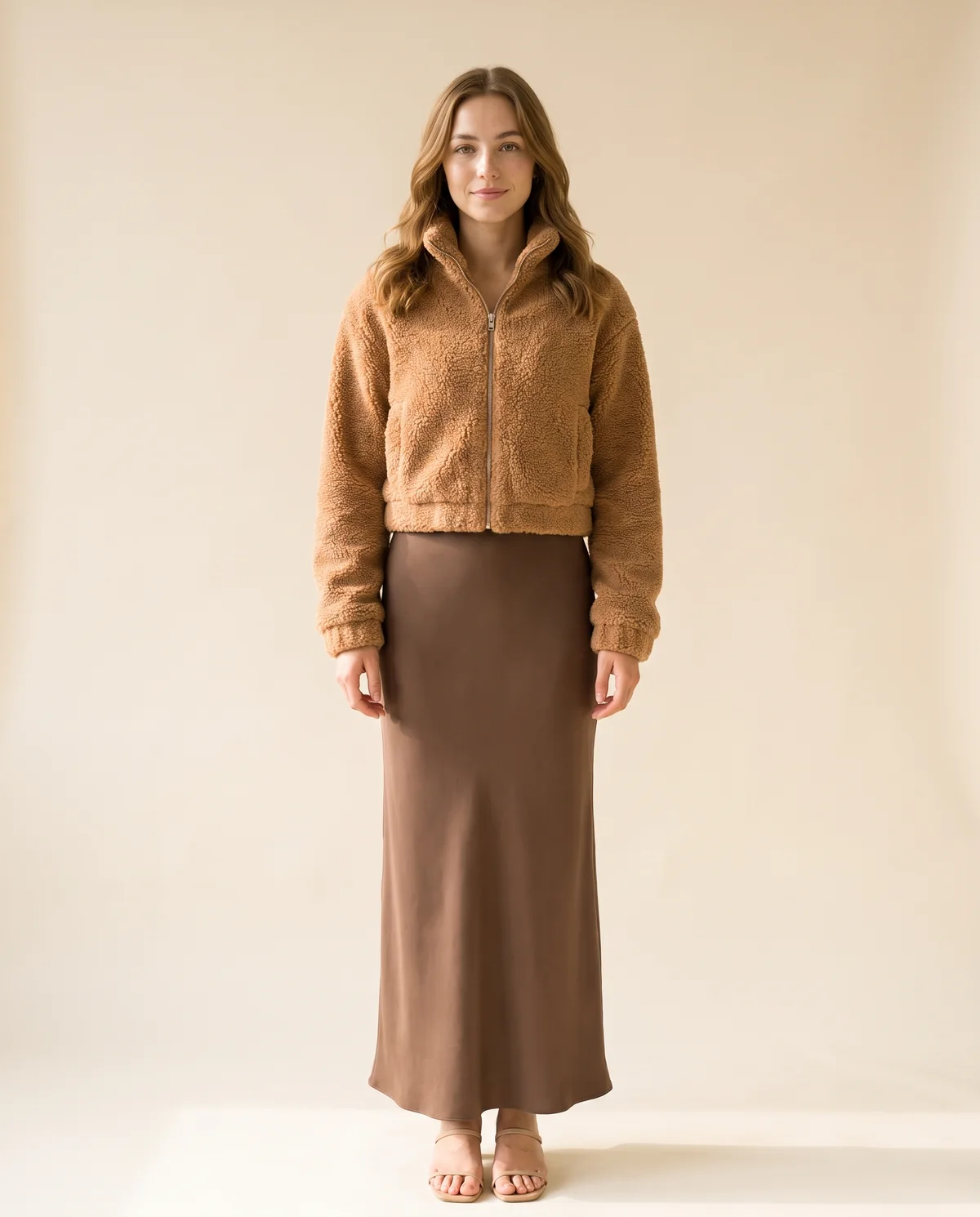 Faux Teddy Zip Cropped Jacket in Camel, front view, worn by Ava