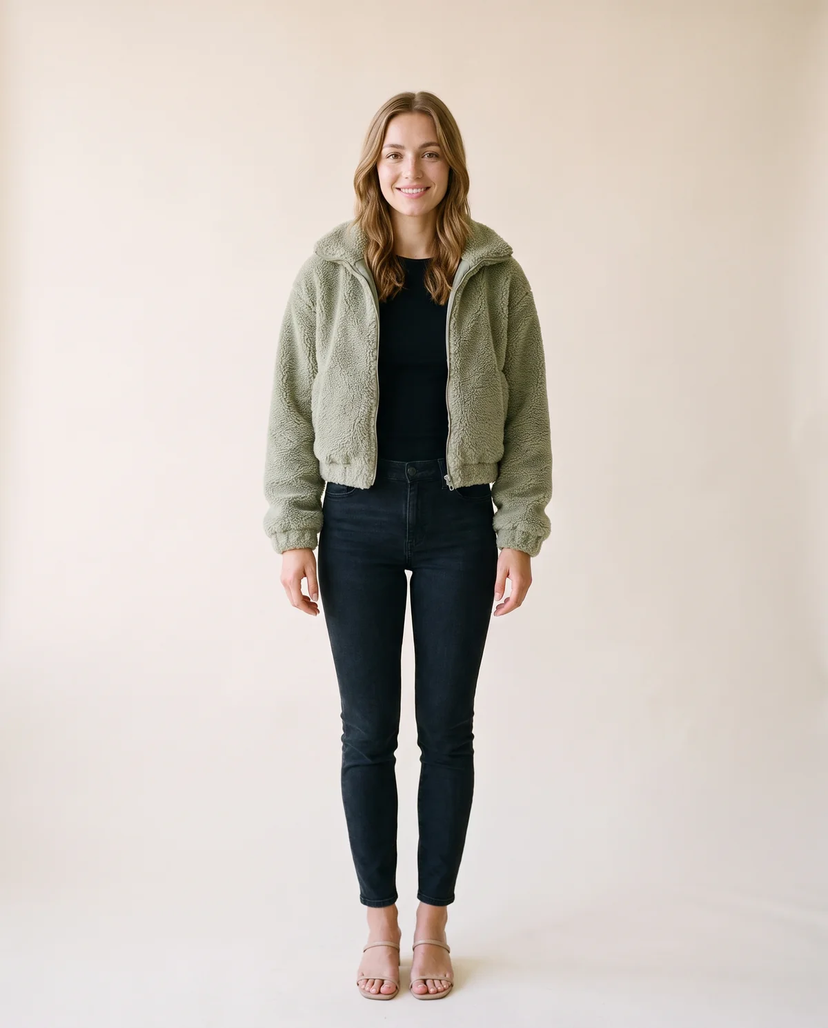 Faux Teddy Zip Cropped Jacket in Sage, front view, worn by Ava