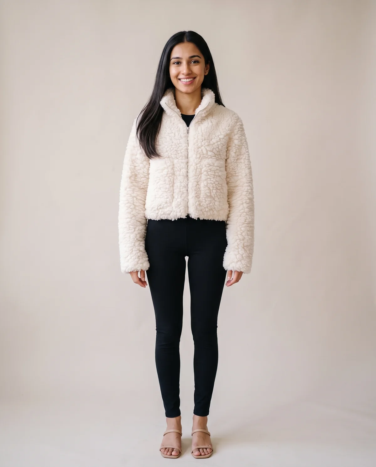 Faux Teddy Zip Cropped Jacket in Cream, front view, worn by Priya
