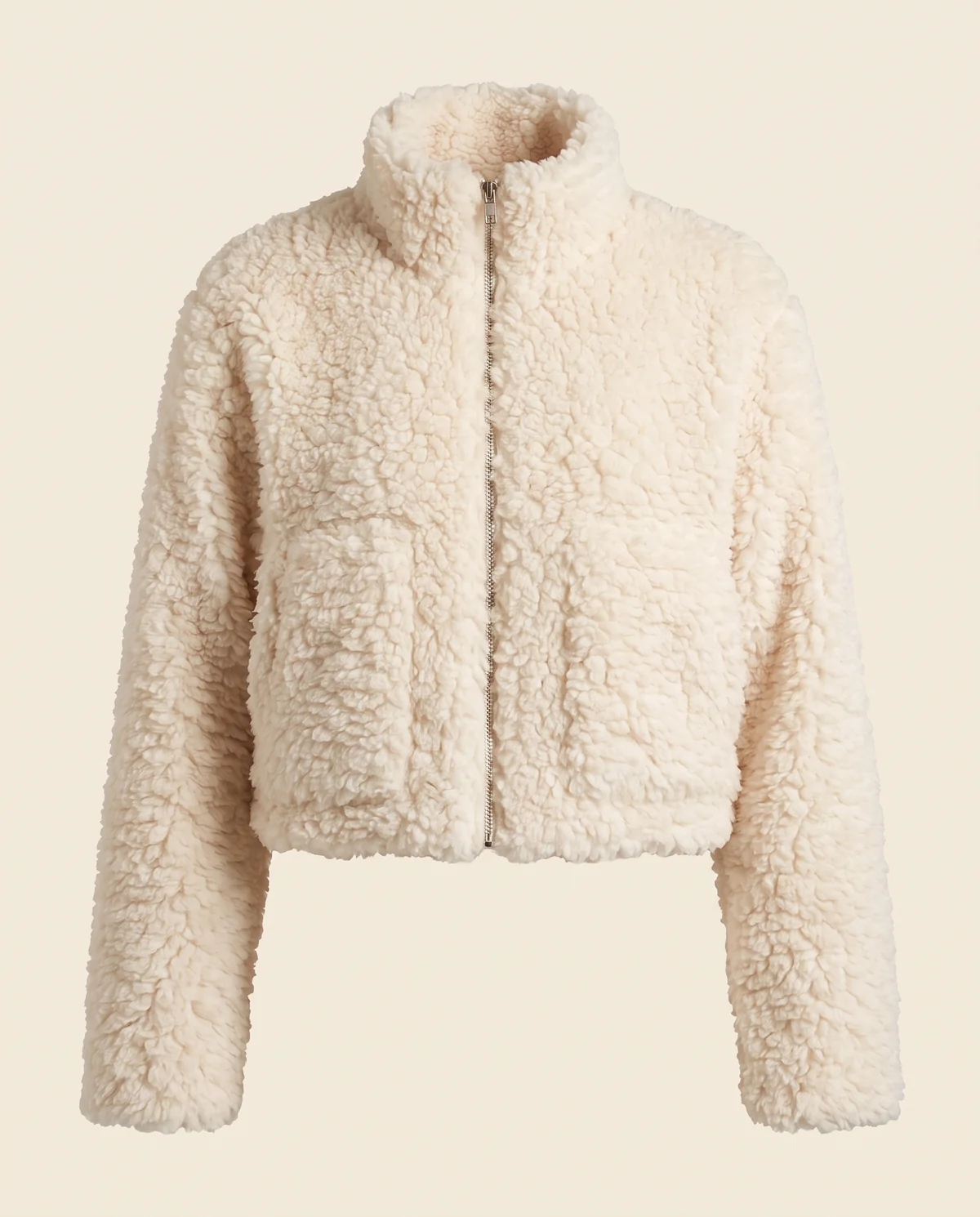 Faux Teddy Zip Cropped Jacket in Cream, product shot on a plain background