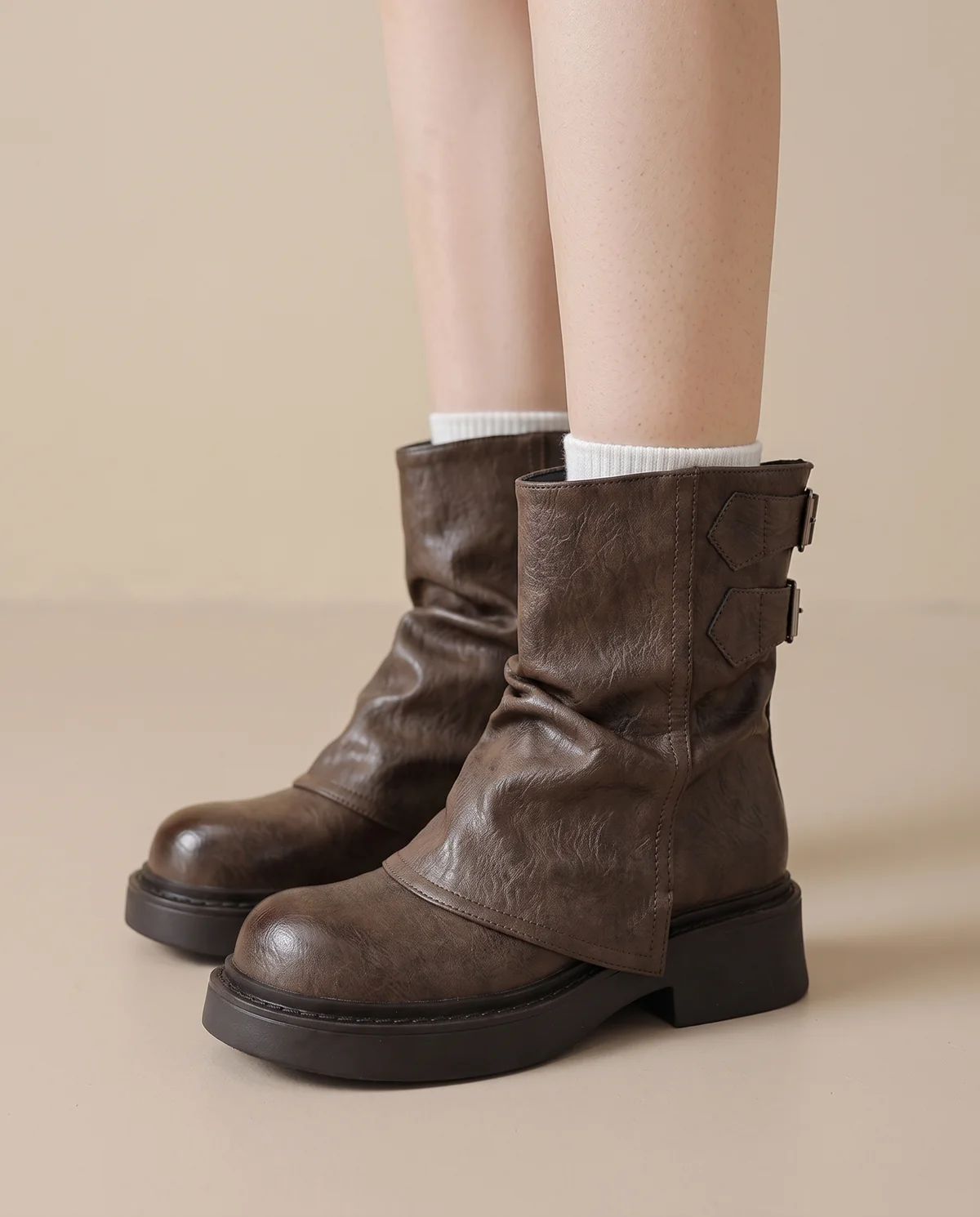 Slouch Ankle Boot with Back Buckles in Chocolate, close-up of the detail