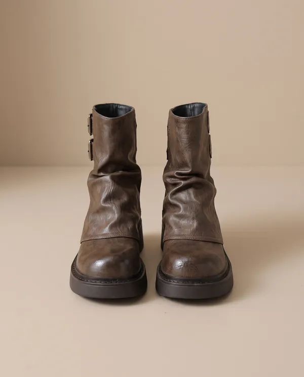 Slouch Ankle Boot with Back Buckles in Chocolate, product shot on a plain background