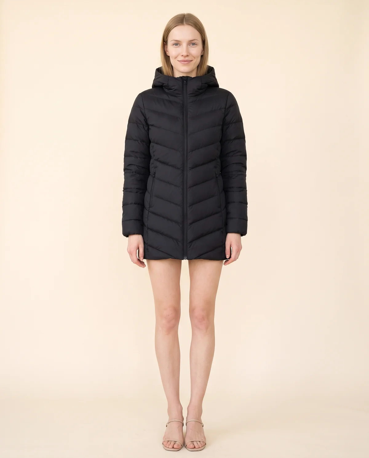 Slim Chevron-Baffle Hooded Puffer Jacket in Black, front view, worn by Maya