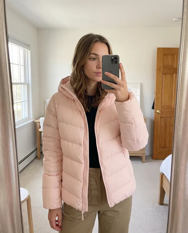 Satin Eve styling: Slim Chevron-Baffle Hooded Puffer Jacket