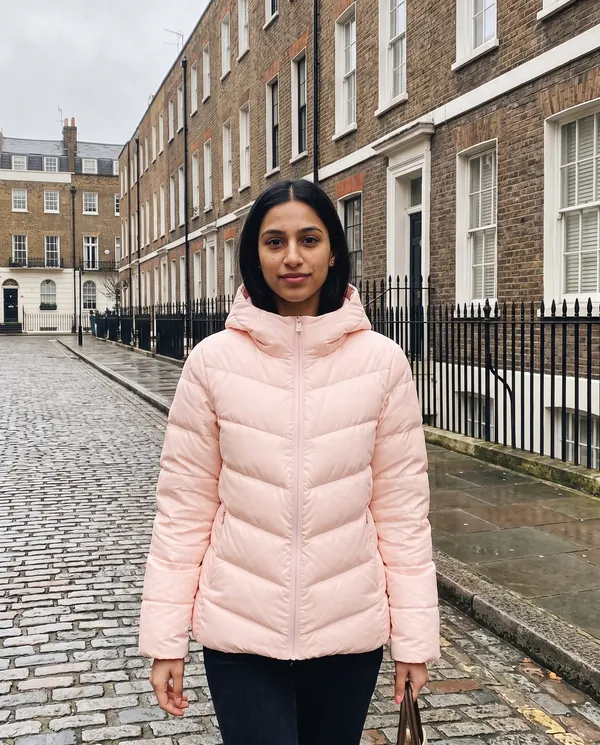 Satin Eve styling: Slim Chevron-Baffle Hooded Puffer Jacket
