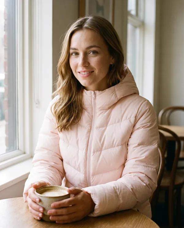 Satin Eve styling: Slim Chevron-Baffle Hooded Puffer Jacket