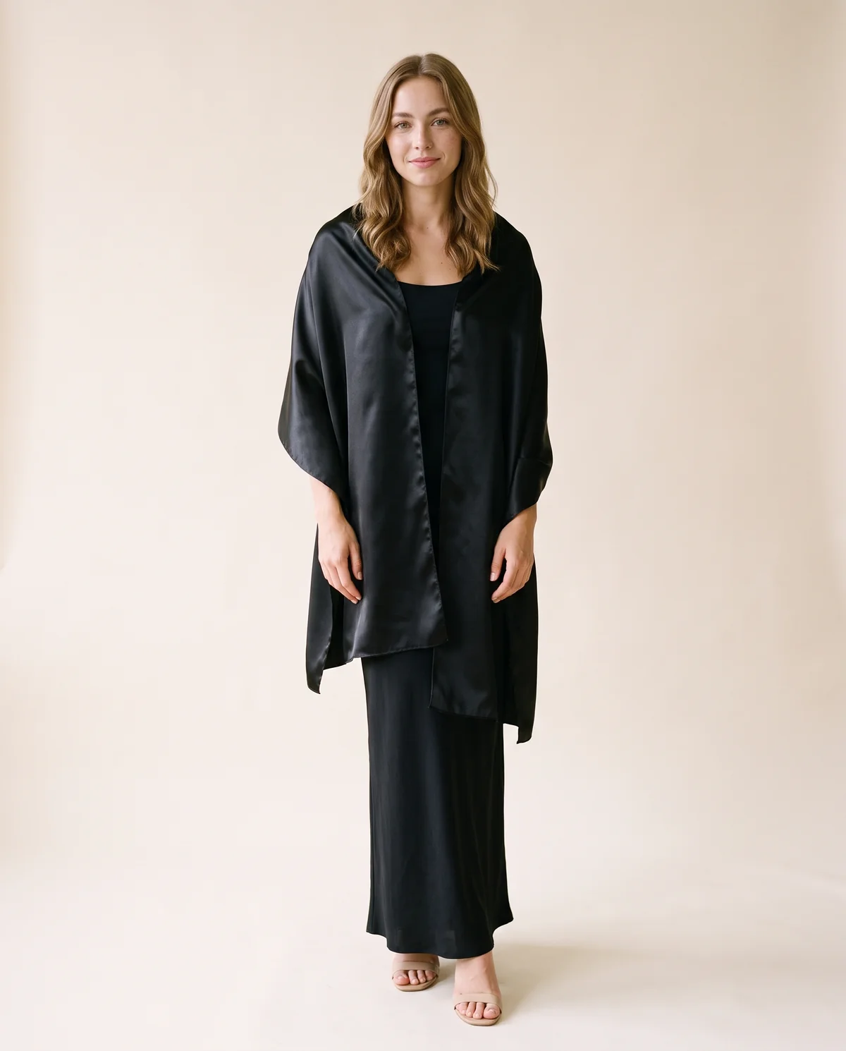 Satin Evening Stole in Black, front view, worn by Ava