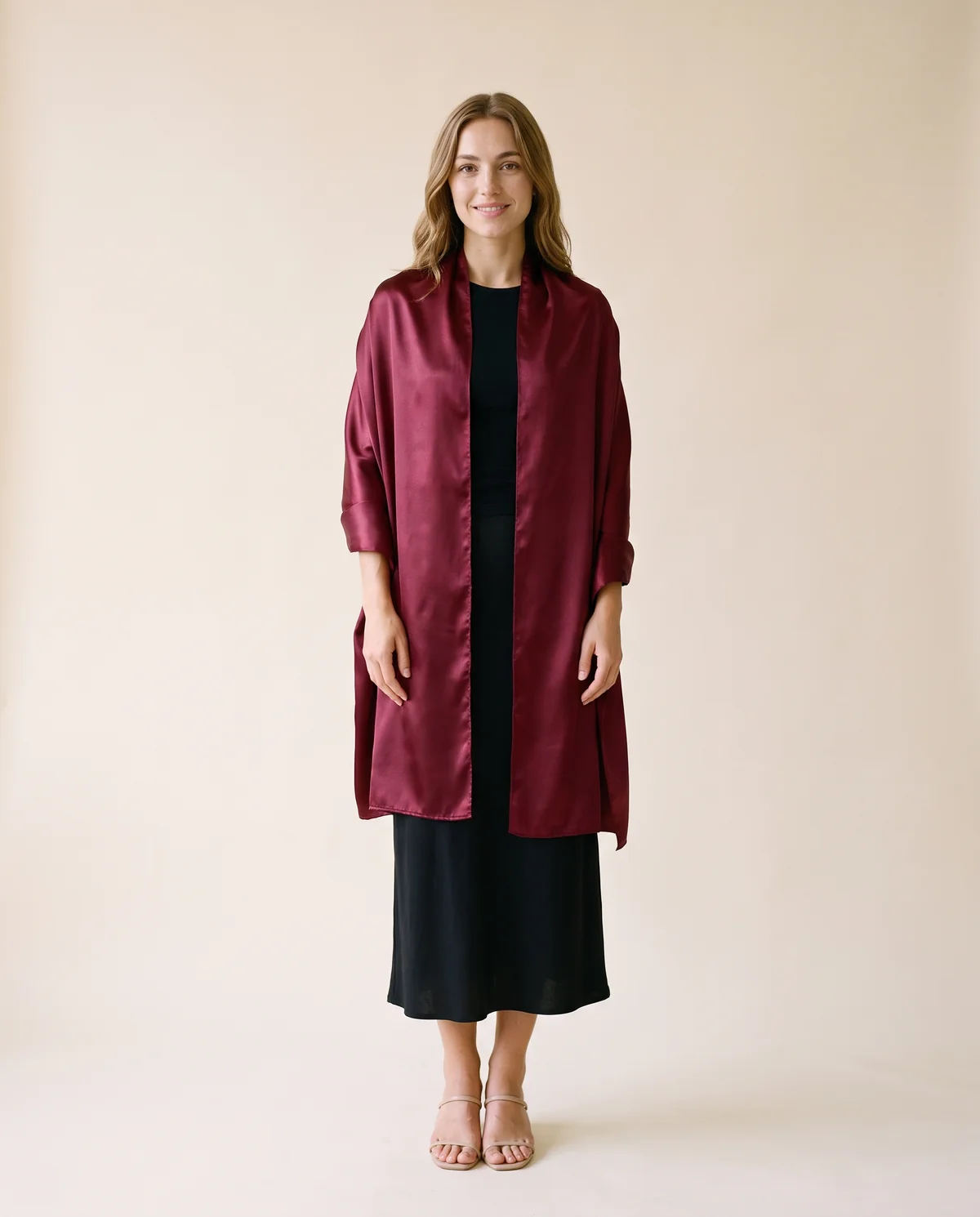 Satin Evening Stole in Burgundy, front view, worn by Ava