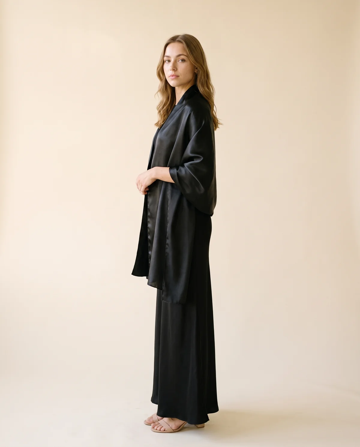 Satin Evening Stole in Black, side view, worn by Ava