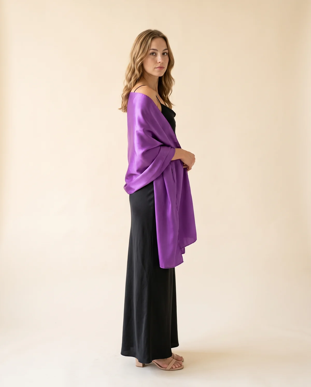 Satin Evening Stole in Plum, side view, worn by Ava