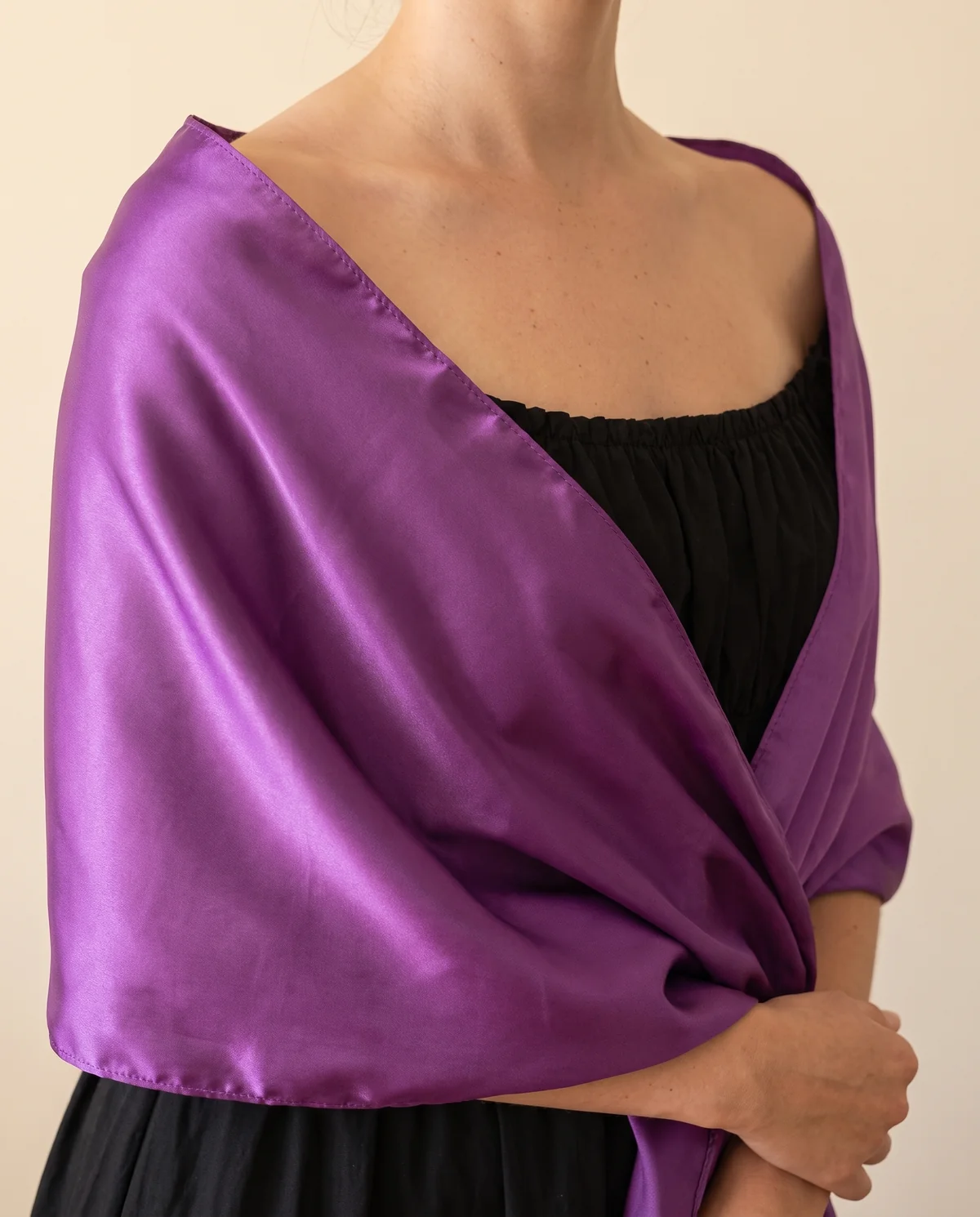 Satin Evening Stole in Plum, close-up of the detail
