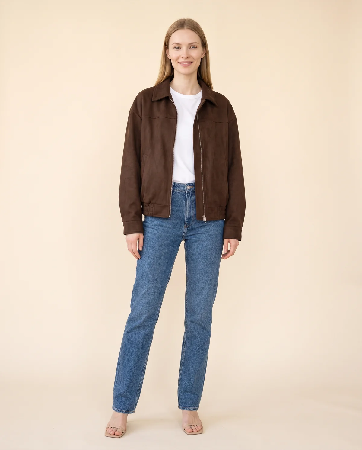 Faux Suede Collared Bomber Jacket in Chocolate, front view, worn by Maya
