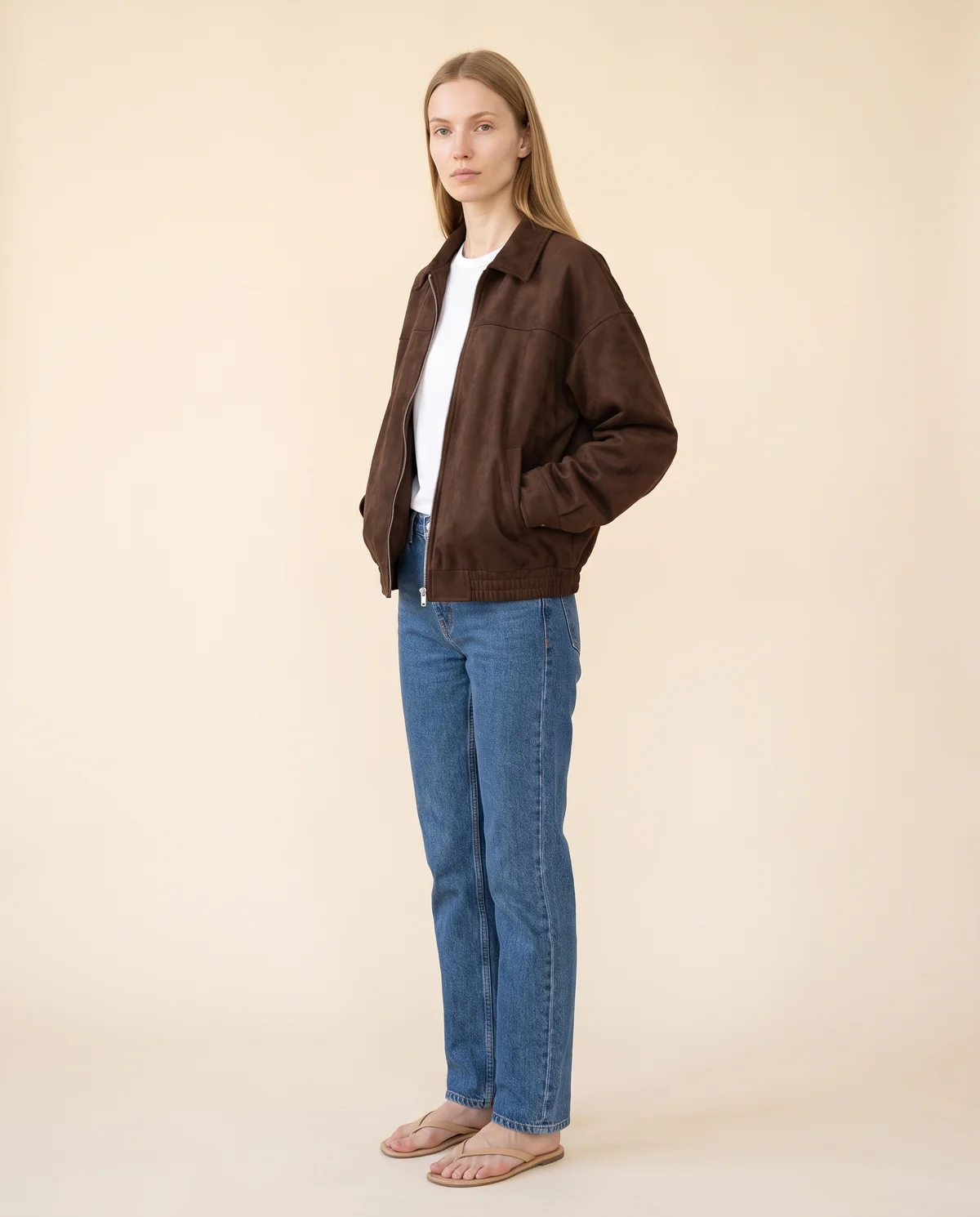 Faux Suede Collared Bomber Jacket in Chocolate, side view, worn by Maya