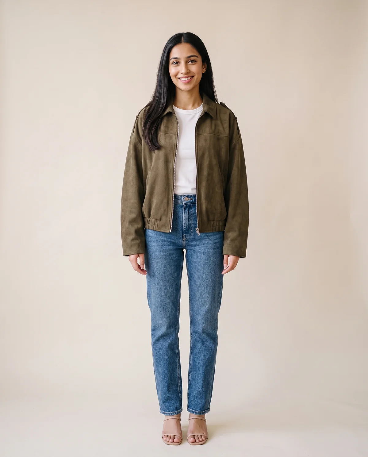 Faux Suede Collared Bomber Jacket in Olive, front view, worn by Priya