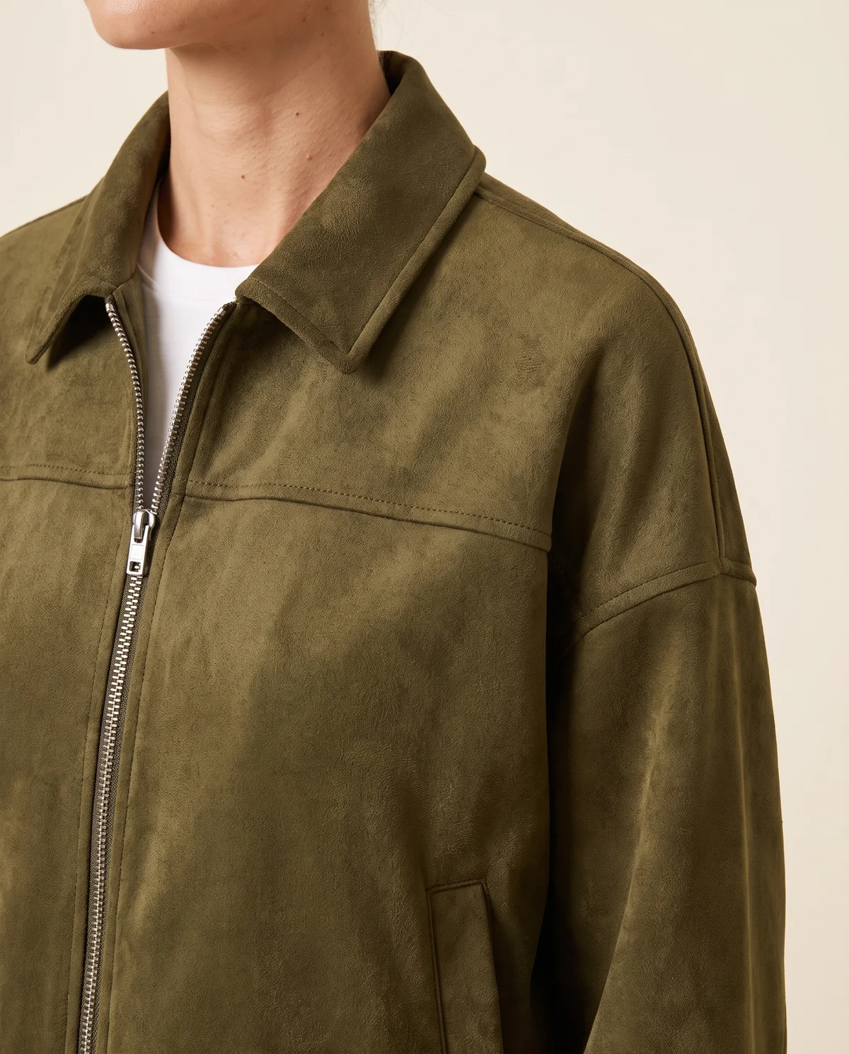 Faux Suede Collared Bomber Jacket in Olive, close-up of the detail