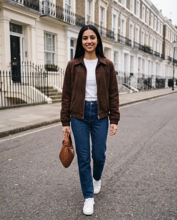 Satin Eve styling: Faux Suede Collared Bomber Jacket