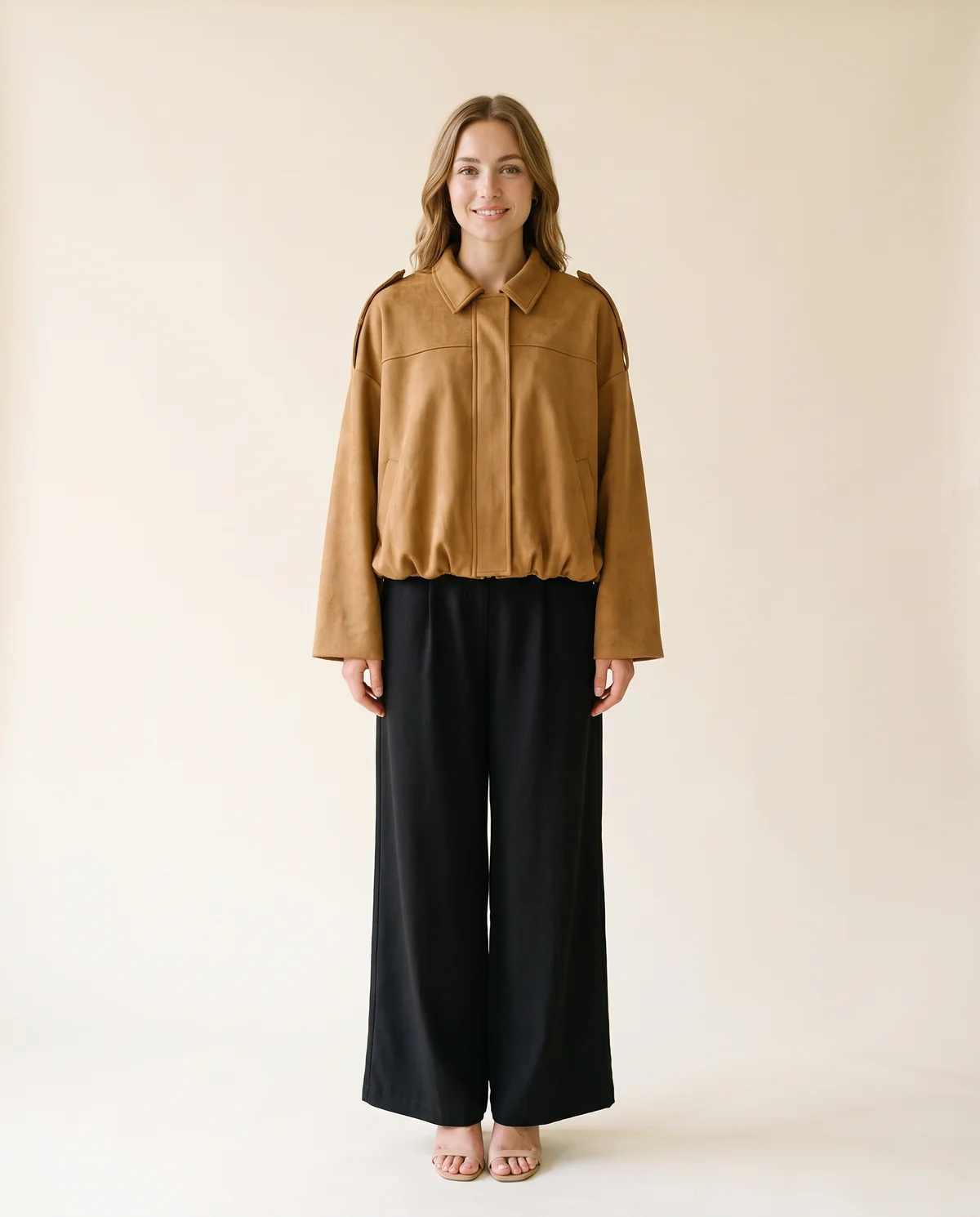 Faux Suede Bubble-Hem Bomber Jacket in Camel, front view, worn by Ava