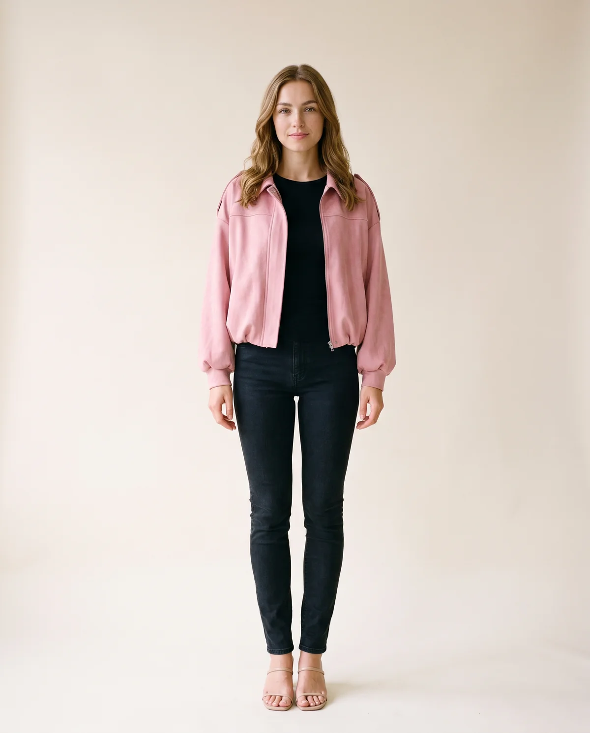 Faux Suede Bubble-Hem Bomber Jacket in Pink, front view, worn by Ava
