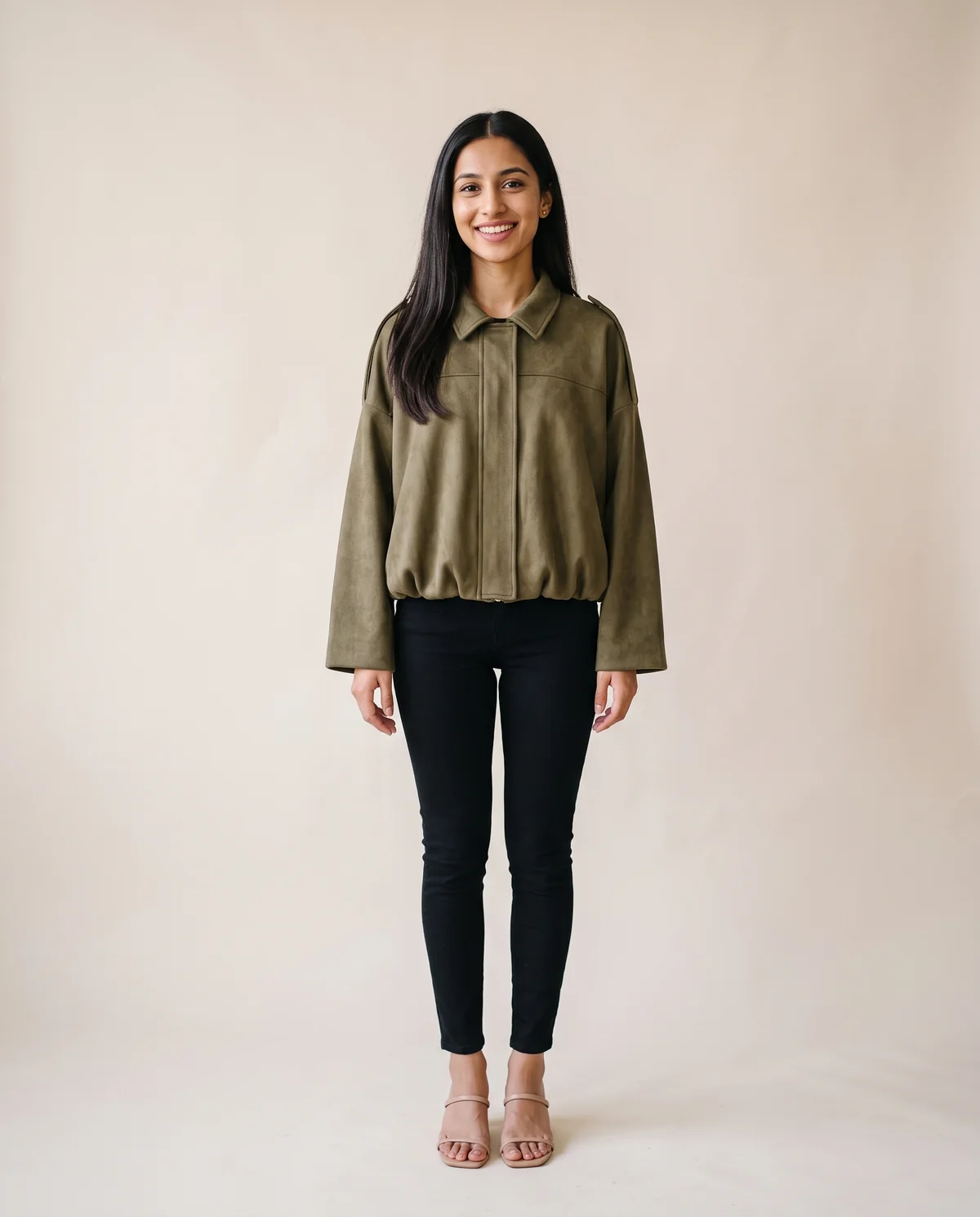 Faux Suede Bubble-Hem Bomber Jacket in Khaki, front view, worn by Priya